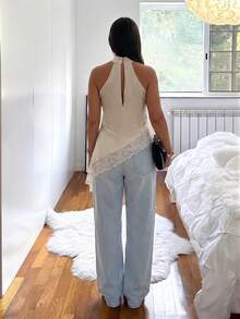 Firerie Áo camisole đen thanh lịch dành cho nữ, phối ren và satin, dây mảnh, vạt áo bất đối xứng, viền ren satin, gợi cảm và đa năng, phù hợp cho ngày Valentine, mùa hè, kỳ nghỉ biển, phong cách nhiệt đới bohemian và nhiều dịp khác. - Màu be - Xem 8