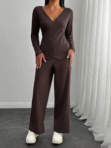 EURMUSE Petite Size Soft Ribbed Jersey Wraparound Long Sleeve Top + Soft Ribbed Pants, Casual Set - Brown - View 5