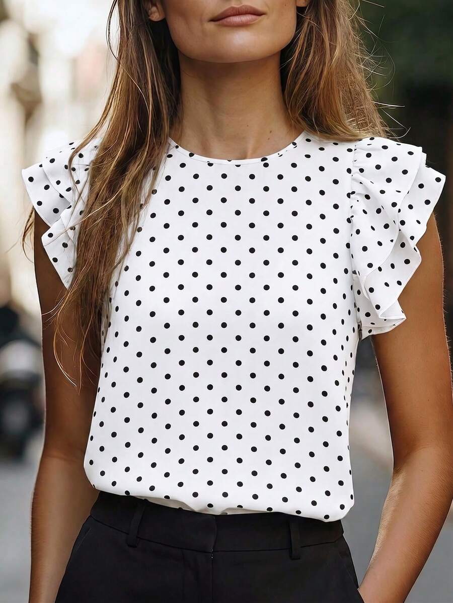 EMERY ROSE Women's Spring/Summer New Arrival Polka Dot Print Pattern Round Neck Ruffle Sleeve Casual Versatile T-Shirt - Multicolor - View 1