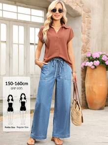 SHEIN PETITE Women's Loose Elastic Waist Drawstring Casual Jeans ,Petite Women - Medium Wash - View 1