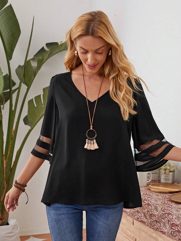 Women's Polka Dot Printed V-Neck Mesh Splice Casual Shirt Teacher Shirts