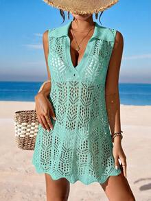 SHEIN Swim 女士夏季度假沙滩镂空针织领无袖罩衫连衣裙 - 薄荷藍 - 查看 4