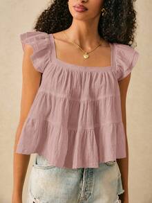 SHEIN Frenchy Women's Solid Color Square Collar Ruffle Hem Casual Blouse - Dusty Pink - View 3
