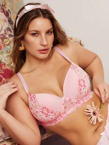 Elorette Sujetador inalámbrico con acolchado, encaje, parches y estampado floral, con alto soporte y elevación, tallas grandes - Rosa - Ver 1