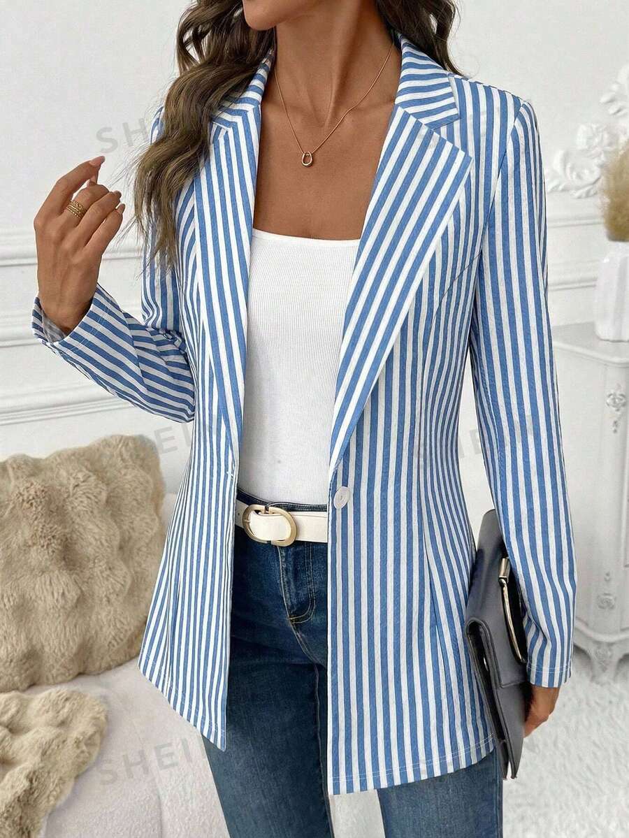 SHEIN Clasi Women's Retro Blue White Stripe Blazer Jacket,Summer Casual Office Navy Style Contrast Color Print Pattern Elegant Chic For Work Commute,Weddings - Multicolor - View 1