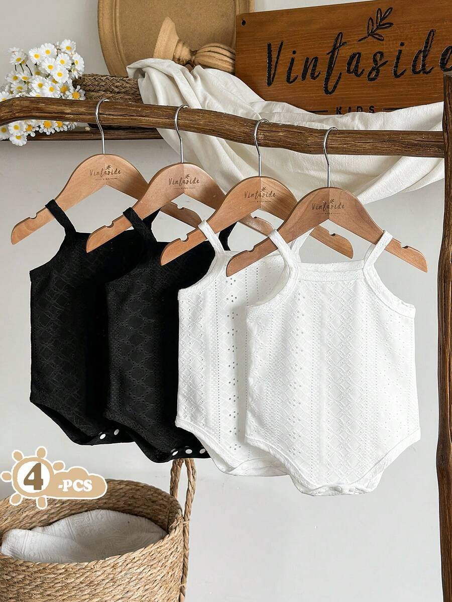 SHEIN Vintaside Kids 4件套新生女宝宝碎花连体衣,乡村风时尚优雅可爱舒适柔软面料套装,适合春夏穿着 - 黑與白 - 查看 1