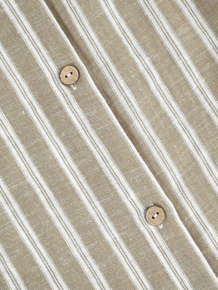 SHEIN LUNE CURVE Plus Size Asymmetrical Hem Striped Linen-Like Fabric Casual Vacation Long Shirt For Women Fall - Apricot - View 7