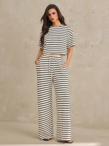SHEIN Tall 女士时尚百搭条纹短袖T恤和抽绳腰带口袋长裤两件套 - 杏色 - 查看 4