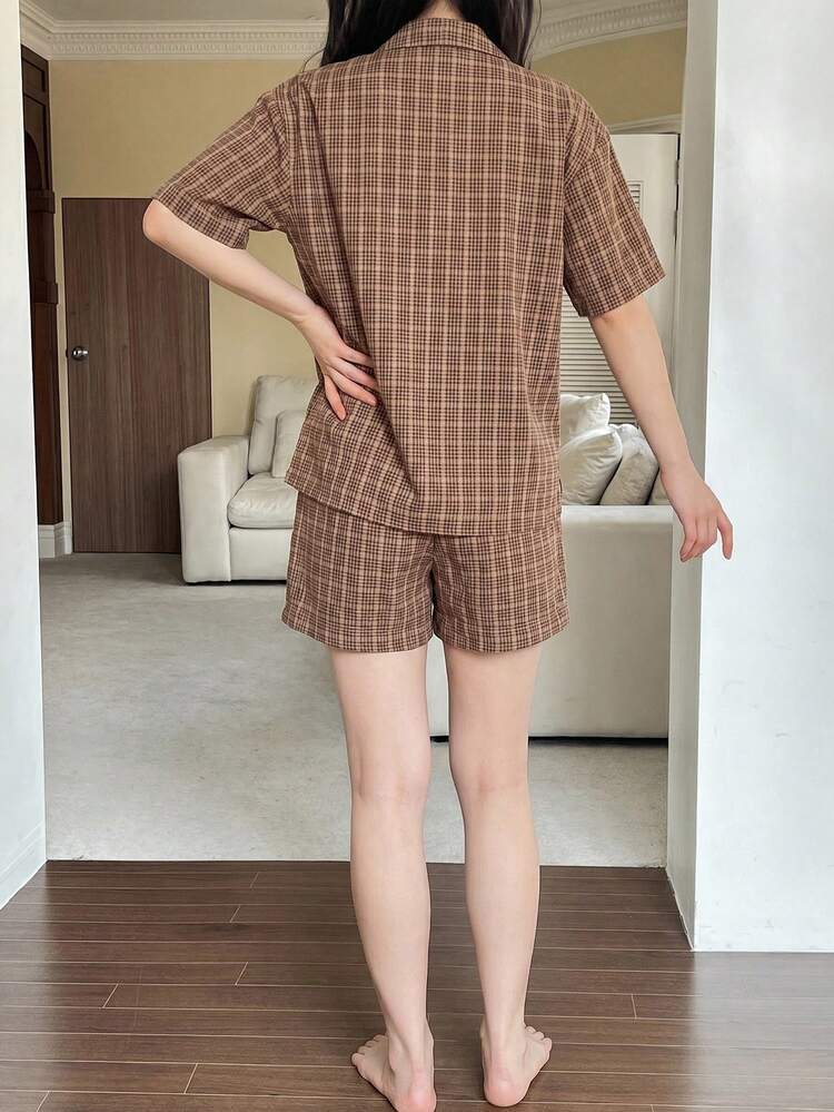 Women's Plaid Single-Breasted Short Sleeve Top And Shorts Casual Loungewear Set