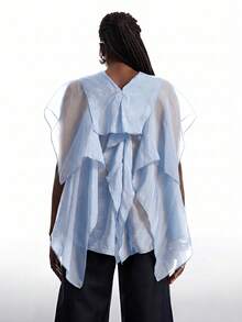 LYSMO Plus Size Women's Light Blue Ruffled Collar Button Front Mesh Patchwork Elegant Bohemian Chiffon Blouse - Baby Blue - View 2