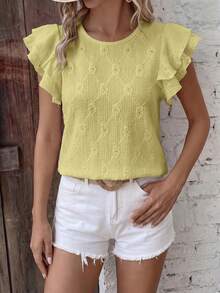 SHEIN Tween Girls Pale Yellow Textured Woven Round Neck Ruched Ruffle Trim Flutter Sleeve Fitted Cute Top,French Elegant Summer Vacation,Tea Party For Kids - Yellow - View 11