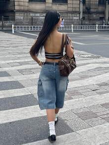 Coolane 女士夏季街头风外出音乐会穿搭 Y2K 牛仔风返校休闲浅蓝色水洗低腰工装牛仔裤百慕大宽松带口袋七分裤 - 淺色水洗藍 - 查看 7