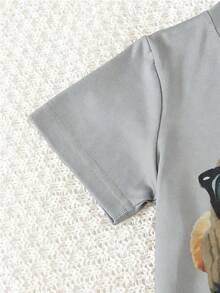 SHEIN Playful Pals 男婴幼儿可爱卡通动物汽车印花短袖上衣和印花短裤套装，适合春夏外出和日常穿着 - 灰色 - 查看 5