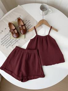 SHEIN LMoss Kids Young Girl Summer Casual Loose Spaghetti Strap Tank Top And Ruffle Hem Shorts 2 Pieces Set - Burgundy - View 7
