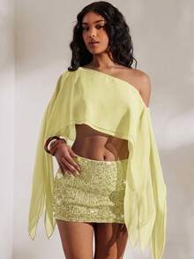 Opulessa 2pcs Solid Color Knit Fitted Tube Top & Asymmetric Neck Loose Woven Blouse Set,Summer Top - Light Yellow - View 5