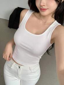 DAZY Women's Solid Color Ribbed Casual Basic Camisole Summer Golf White - White - View 5