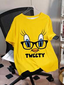 LOONEY TUNES X SHEIN GraphicGems 少女卡通眼镜印花黄色圆领T恤，休闲夏季款 - 黃色 - 查看 5