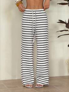 SHEIN PETITE 女士前系带条纹简约休闲裤，日常穿着 - 黑色 - 查看 1