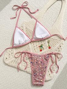 Bonvoyette Summer New Solid Color Champagne Sequin Embroidery Sexy High Cut Side Tie Bikini Two Pieces Swimwear Set, Suitable For Party, Afternoon Tea, Gathering - Multicolor - View 6