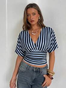 Aloruh Women's Deep V-Neck Striped All-Match Minimalist Versatile T-Shirt - Blue - View 4