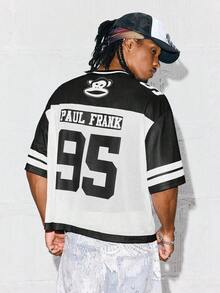 Paul Frank X SHEIN قميص كاجوال قصير الأكمام مطبوع بأرقام للرجال - أبيض وأسود - مشاهدة 5