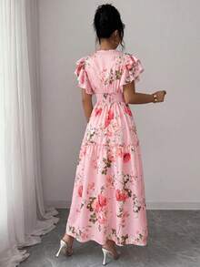 SHEIN Elenzya 荷叶边V领收腰A字印花连衣裙，优雅浪漫，适合茶会、乡村度假、旅行等场合。 - 彩色 - 查看 2
