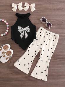Emery Rose Kids Emery Rose Kids Set 2 Potong Baju Bayi Perempuan Rajut Warna Polos dengan Hiasan Pita dan Celana Panjang Model Flare Motif Hati - Hitam dan Putih - View 1