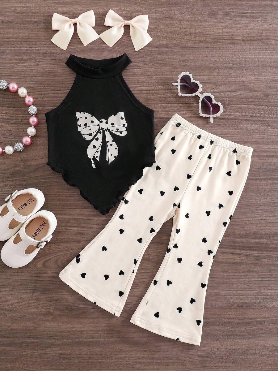 Emery Rose Kids Emery Rose Kids Set 2 Potong Baju Bayi Perempuan Rajut Warna Polos dengan Hiasan Pita dan Celana Panjang Model Flare Motif Hati - Hitam dan Putih - View 1