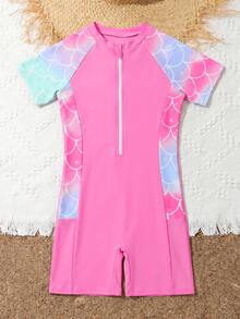 SHEIN Tween Girls Mermaid Scale Printed One-Piece Swimsuit,Pink Summer Cute Beach Holiday Short Sleeve Rashguard Rash Guard Set Swimming Suits For Teens - Pink - View 3