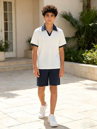 Vacaura Set de 2 piezas Camisa polo de media cremallera con color de contraste para adolescentes varones, adecuado para uso diario, ocio, deportes y uso escolar