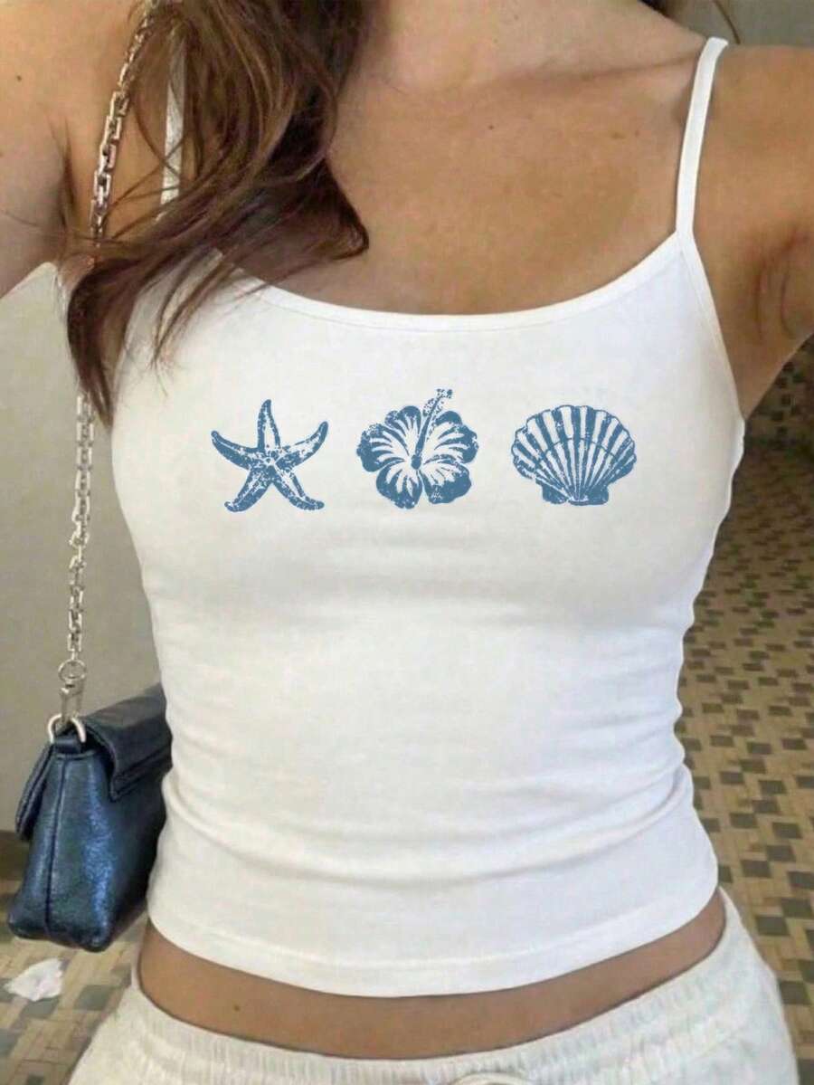 少女复古海龟、贝壳和花朵图案印花白色休闲吊带背心,适合度假、音乐节、海滩度假和夏季穿着。 - 白色 - 查看 1