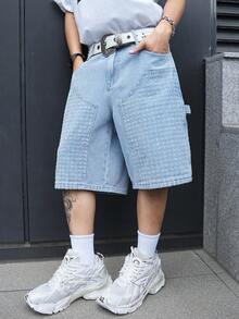 Chillumni Men's Casual Street Style Embroidered Patch Multi-Pocket Denim Blue Cargo Shorts - Light Wash - View 5