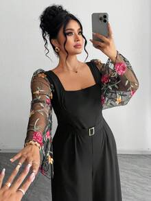 Elenzga Bộ jumpsuit nữ cỡ lớn kiểu Pháp thanh lịch mới, tay dài, thêu, phối lưới, thiết kế thắt eo, cúc kim loại, bộ sưu tập xuân/hè hoàn toàn mới, jumpsuit ống rộng duyên dáng lãng mạn, phù hợp cho hẹn hò, công sở, thường ngày và đi làm. - màu đen - Xem 4