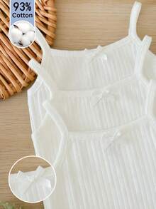 SHEIN LMoss Kids 3件組女嬰白色夏季基礎款家庭套裝休閒針織柔軟彈性純色細肩帶連身衣背心附蝴蝶結 - 白色 - 查看 7
