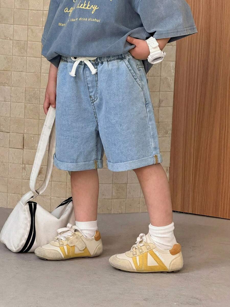 SHEIN Quần short denim màu xanh dáng rộng cho bé trai - Rửa nhẹ - Xem 1