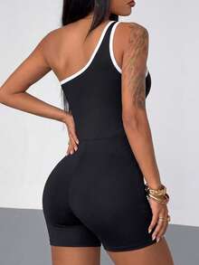 SHEIN HypeZone Bộ áo liền quần tập thể dục ôm sát màu đen trắng dành cho nữ - Đen và trắng - Xem 2