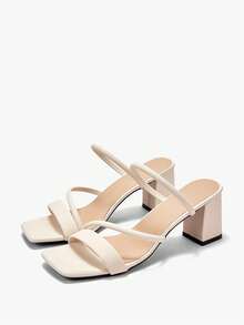 Alvarani Spring/Summer White French High Heels Sandals, Minimalist Square Toe Design, Faux Leather, Suitable For Walking, Dating, Gatherings, Parties, Work - Beige - View 7
