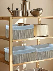 1 PC Rectangular Natural Rattan Woven Bohemian Water Gourd Shape Storage Basket With Built In Handle Handwoven Organizer For Living Room Shelf Bathroom Toilet Paper Desk Accessories Keys Cosmetics Home Decoration Small Items Home Decor Gift - Yellow - View 5