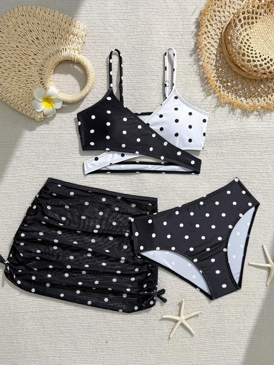 SHEIN Bộ đồ bơi 3 món cho bé gái tuổi teen: Áo và quần bikini in chấm bi, váy lưới. Thích hợp cho bãi biển, hồ bơi, mùa hè, kỳ nghỉ. - Đen và trắng - Xem 1