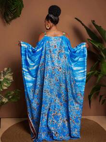 Maweii Plus-Size Women's V-Neck, Large Batwing Sleeve, Blue Floral Print, Loose-Fitting Maxi Dress With A Full Skirt; Suitable For Summer, Vacation, And Casual Wear. - Blue - View 2