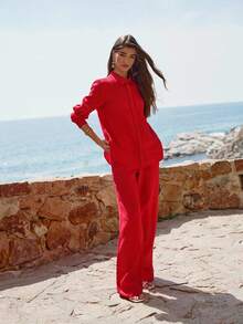 MOTF Petite CAMISA ROJA DE LINO PURO 100% LIGERA Y TRANSPIRABLE PARA VACACIONES DE VERANO CON DETALLES DE ENCAJE CALADO - Rojo - Ver 3
