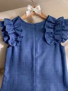 Sparklyn Tween Girls' Spring/Summer Vacation Beach Tropical 3D Bow Round Neck Sleeveless Ruffle Cap Sleeve Sweet Midi Dress - Blue - View 4
