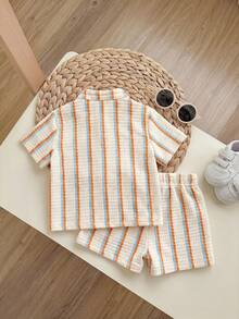 Baby Boy/Girl Solid Color Round Neck Short Sleeve Cardigan And Elastic Waist Shorts 2-Piece Set - Multicolor - View 2