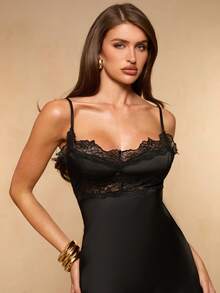 SHEIN BAE Elegant Sexy Black Lace Trim Backless Camisole Top, Satin Splice Sleeveless Blouse Summer Night Out Club Date Night, Party, Cocktail Formal Women's - Black - View 6
