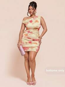 SHEIN BAE Plus Size Women's Pink Floral Print Asymmetrical Shoulder Ruched Mini Dress,Elegant Summer Curve Cocktail Bodycon Sleeveless One Shoulder Chic Party - Multicolor - View 6