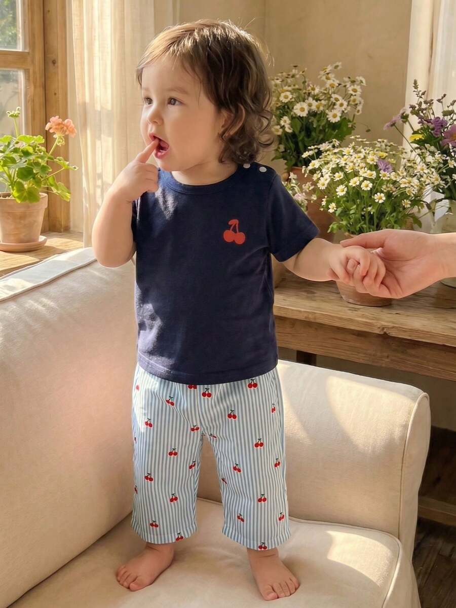 Vintaside Kids 2件套新生儿乡村风纯棉柔软舒适套装，适合春、秋、冬季穿着，时尚可爱，百搭，男女通用 - 藍色 - 查看 1