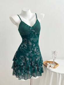 Elamini Robe femme, imprimé fleur de noix de cajou cachemire, marron vacances, patchwork contraste couleur maille imprimée - Vert sapin - Voir 4