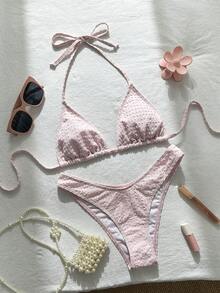 Swim Mod Bộ bikini hai mảnh họa tiết kẻ caro jacquard dành cho nữ, kiểu cổ yếm, thích hợp cho mùa xuân/hè. - Hồng - Xem 2