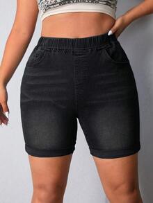 Slaydiva Plus Size Women Pocketed Denim Shorts, Fashionable & Versatile - Black - View 5