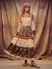 Fembélia Đầm kiểu Bohemian phối nhiều mảnh, đầm đi nghỉ mát cổ chữ V dáng rộng. - Nhiều màu - Xem 2